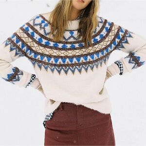 Heartloom Anthropologie white Joni shine tinsel fair isle long sleeve sweater L